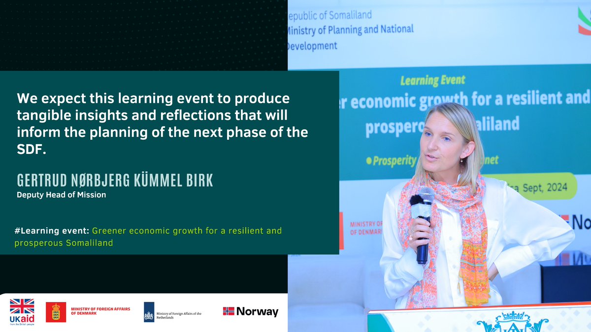 DKinSomalia's tweet photo. Our team participated in a @SDFSomaliland Learning Event last week, focusing on applying lessons learned to promote a greener, more inclusive, and resilient Somaliland. Our Deputy Amb @GertrudBirk encouraged valuable insights to help design #SDF3, while our Head of Office @MatKjaer highlighted Denmark's key green priorities for #Somaliland over the next 5 years. #GreenDevelopment #InclusiveGrowth #Resilience #Sustainability