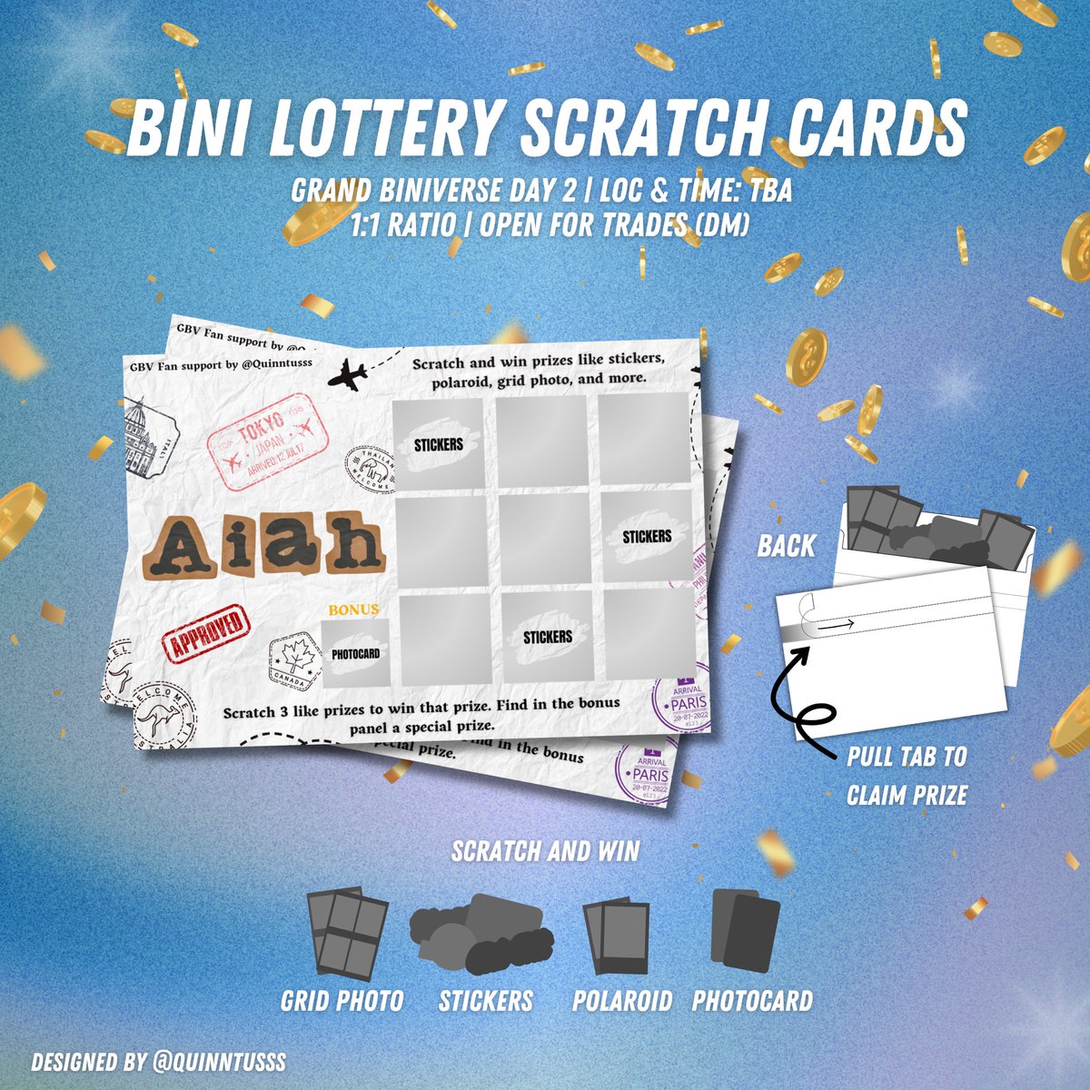 quinntusss's tweet photo. Grand Biniverse Day 2 Freebies

ᡣ𐭩 AIAH LOTTERY SCRATCH CARDS ᡣ𐭩

- Strictly 1:1 
- Mbf, like, &amp; rt (will go priv on d-day)
- Open for trades, kindly dm me
- Location and time: TBA https://t.co/6C6iwBRBFx