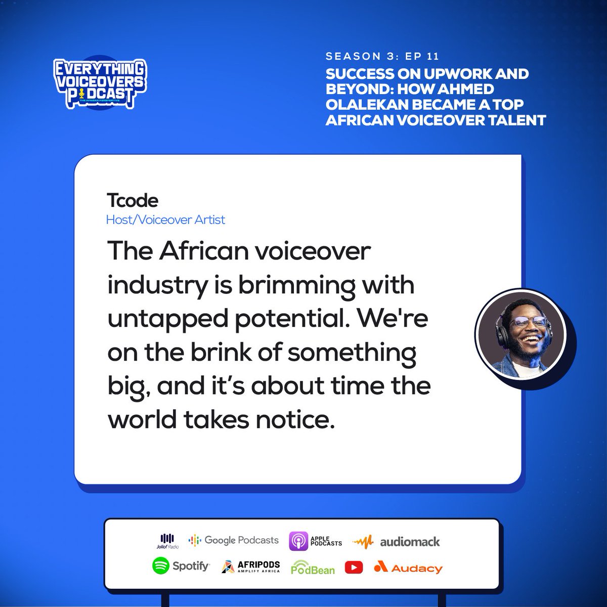 EverythingVOs's tweet photo. Here are some useful quotes by TCode from the episode. S3E11 @Tcode_70

Episode is still available on all platforms. 

#voiceovers #voicetalents #tcode #nigerianvoiceover #voiceoverpodcast #everythingvoiceovers https://t.co/ElF7E9sxVX
