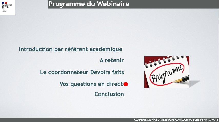 DF_acnice's tweet photo. Webinaire de rentrée #devoirsfaits de l'@AcademieNice :

➡️ Nouveautés
➡️ Formations coordonnateurs à venir (nouveaux outils) 
➡️ Mission(s) du coordonnateur
➡️ Questions en direct 🔴

Merci à tous pour votre précieuse présence 🙏. https://t.co/cfo8S2g05r