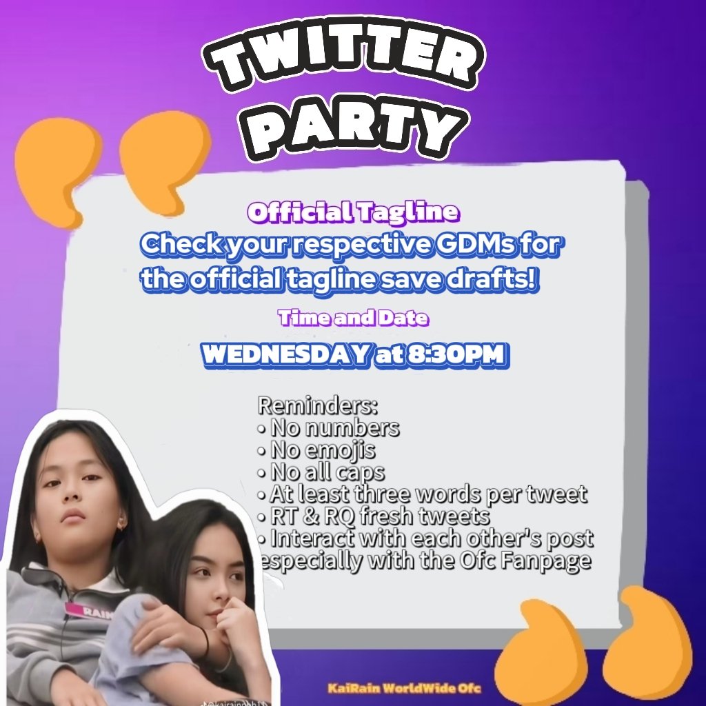 TRENDING PARTY ANNOUNCEMENT📢

Team #KaiRain will be having a Trending Party event today. If u have time, pls do join us. Thank you💜

—October 02, 2024 at 8:30PM 

Official Tag: Check your respective GDMs for the official tagline and Save drafts!💜

#KaiMontinola | #RainCelmar