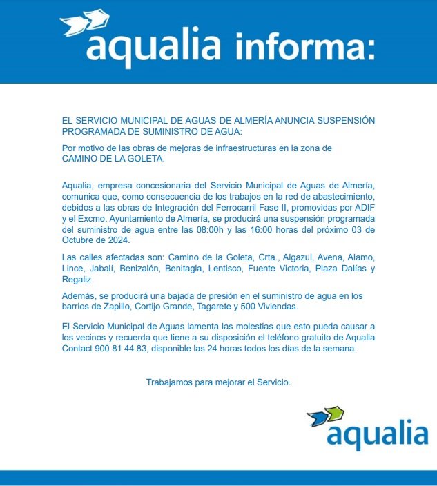 aytoalm's tweet photo. 🚱 @aqualia informa de la suspensión programada del suministro de agua por motivo de las obras de mejora de infraestructuras en la zona de Camino de la Goleta.

👉 La suspensión se producirá mañana, 3 de octubre, entre las 08:00 y las 16:00 horas.

🙏 Disculpen las molestias. https://t.co/FjPtWDbuwG