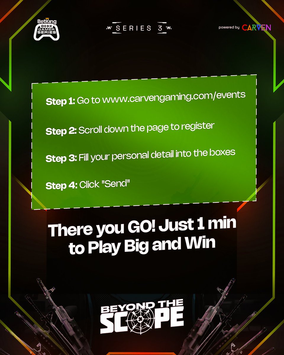 BetKingNG's tweet photo. It's only 3 days away! Are you ready?

Here is how to register for the BetKing COD and Fortnite Gamr 3 Series.

-Visit https://t.co/TWawDlFbxT
-Click on register
-Fill in your details
-Press the send button

And you're in!

#BeyondTheScope #BetKingGamrSeries #Esports #CallOfDuty #Fortnite #CarvenGaming