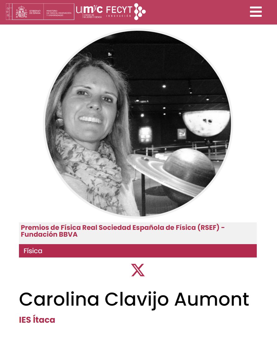 Hoy en #11F365 Carolina Clavijo Aumont <a href="/Carolinaciencia/">Carolina Clavijo</a>, Lcda. Física.
 
Profesora #Física_Química y Drª <a href="/iesitaca/">IES Ítaca</a> (Tomares, Sevilla). Embajadora <a href="/scientix_eu/">Scientix</a> y presidenta <a href="/ApEAastronomia/">ApEA</a>.

Premio #EnseñanzaDivulgaciónFísica2022 <a href="/RSEF_ESP/">RSEF</a>- <a href="/FundacionBBVA/">Fundación BBVA</a>.

cientificasinnovadoras.fecyt.es/cientificas/ca…