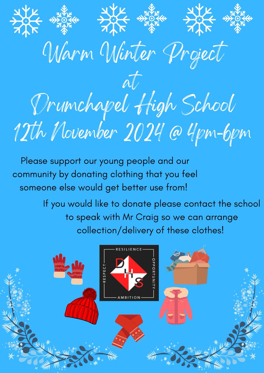 drumchapelhigh's tweet photo. Our Winter Warmer Project will take place again this year on 12th November. Please donate if you can - any warm gloves, hats, jackets, scarves all welcome!! https://t.co/vzxu0BPf06