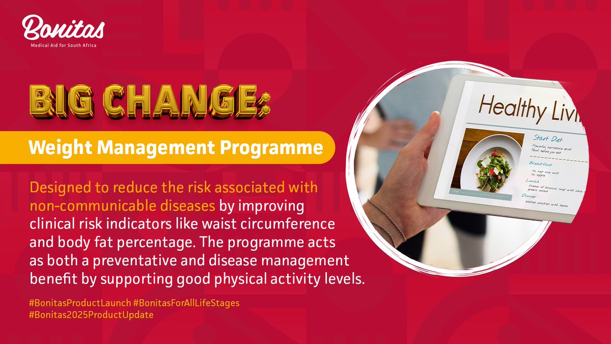 In 2030 it is projected that 50% of South African women and 23% of South African men will be obese. We now have the Bonitas Weight Management Programme. ​

#BonitasProductLaunch #BonitasForAllLifeStages #Bonitas2025ProductUpdate