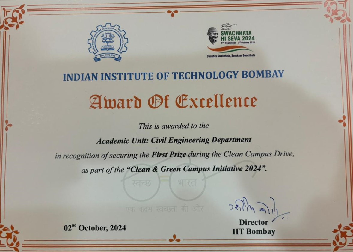 Head, Civil Engg. IIT Bombay (@engghead) on Twitter photo Dept. of Civil Engg, <a href="/iitbombay/">IIT Bombay</a> is delighted to be selected as 1st Prize Winner for Department Swacchta Awards 2024 (Clean & Green Campus Initiative 2024). Dept. wishes to thank all stake holders, students, staff, faculty, visitors to maintain cleanliness & make it cleanest Dept. Dept. of Civil Engg, <a href="/iitbombay/">IIT Bombay</a> is delighted to be selected as 1st Prize Winner for Department Swacchta Awards 2024 (Clean & Green Campus Initiative 2024). Dept. wishes to thank all stake holders, students, staff, faculty, visitors to maintain cleanliness & make it cleanest Dept.