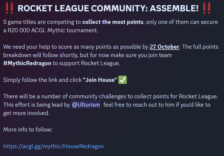GreyBeardGG's tweet photo. We need the global Rocket League community!

@AfricanGaming has a community competition between 5 gaming titles. Details below. 

We are currently losing to Val &amp; COD 😒

Follow the link and click "Join House" That's it!

https://t.co/1fo5KvUpJs https://t.co/NLaO1H62dU