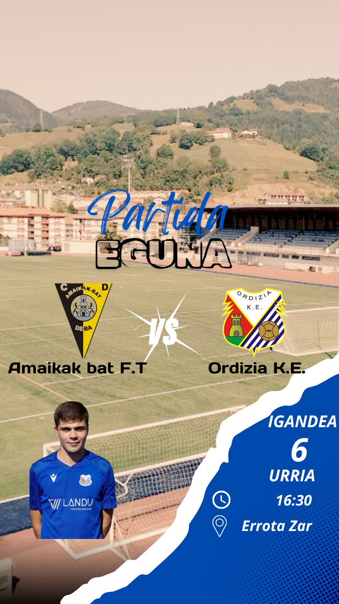FUTBOL PARTIDA 🔵

🆚 @amaikakbatoficial
🏟️ Errota Zar
📅 Urriaren 6a, igandea
⌚ 16:30

Bi garaipen erdietsi ondoren Deba bisitatuko dute ordiziarrek igandean, Amaikak Baten aurka indarrak neurtzeko. Norgehiagoka garrantzitsua izango da, sailkapeneko lehen bi taldeak dira eta.