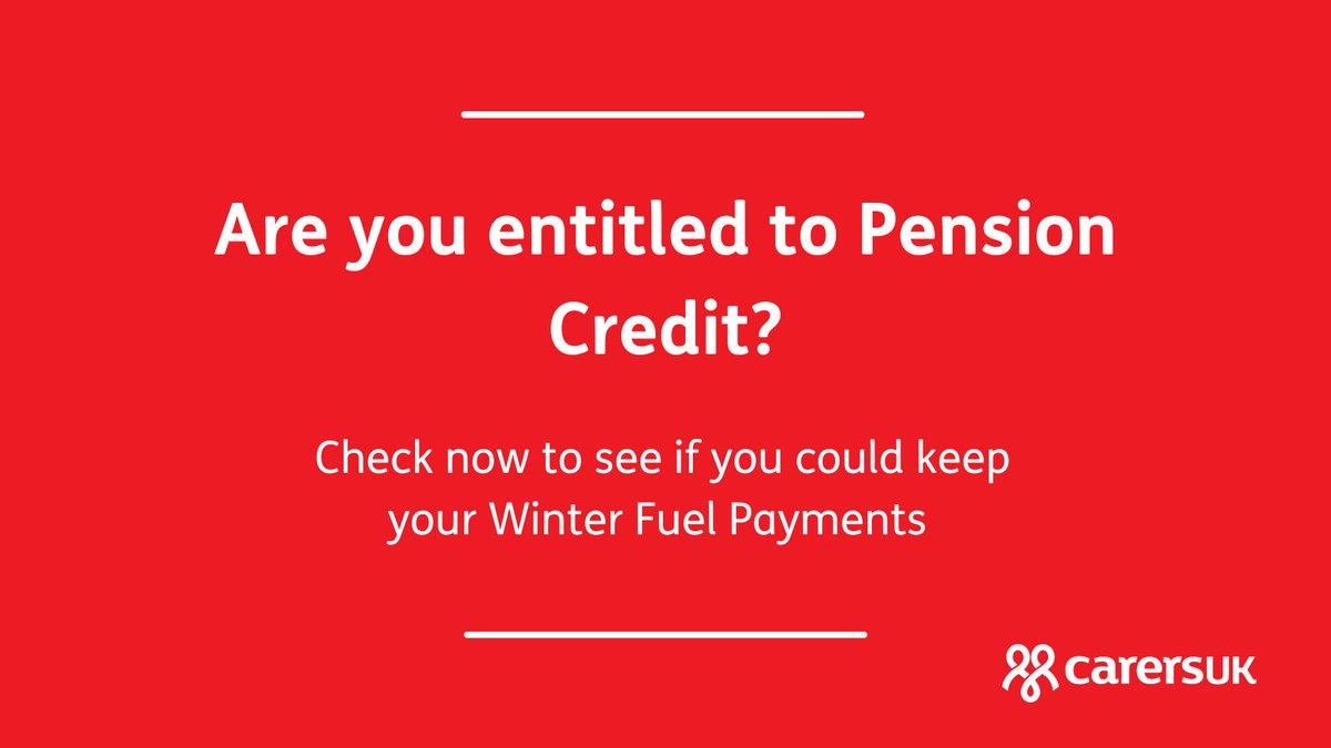 Did you know carers could be more likely to be eligible for Pension Credit?

We are urging all pension age carers to check their entitlement now. If you are, you would be able to keep the Winter Fuel Payment this winter.

go.carersuk.org/3BoMEc1?utm_so…