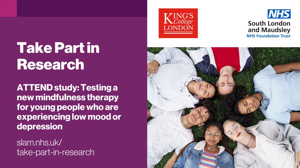 NHS Maudsley (@maudsleynhs) on Twitter photo The <a href="/AttendStudy/">Attend Mindfulness Study</a> is looking for young people (15-18 years) who are experiencing low mood or depression, and their parents/carers, to trial a new group-based #mindfulness therapy. Participants will receive £60 as a thank you from the ATTEND team.
👉 ow.ly/sWeP50TzX2o The <a href="/AttendStudy/">Attend Mindfulness Study</a> is looking for young people (15-18 years) who are experiencing low mood or depression, and their parents/carers, to trial a new group-based #mindfulness therapy. Participants will receive £60 as a thank you from the ATTEND team.
👉 ow.ly/sWeP50TzX2o