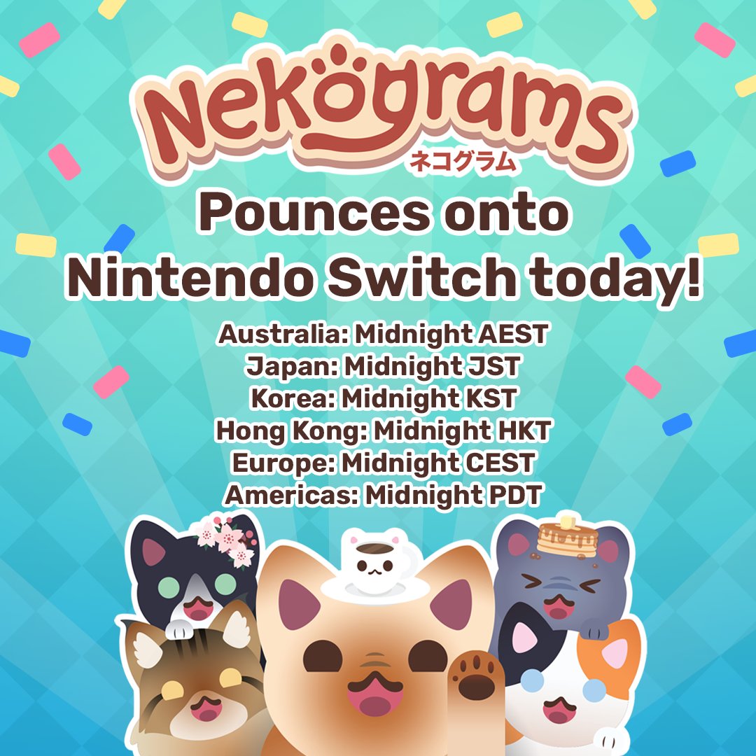 ⭐Nekograms is coming to #NintendoSwitch on October 3rd (midnight in each region)!⭐
Pre-order today for a 20% discount!

⏰Release Times:⏰
Australia: Midnight AEST
Japan: Midnight JST
Korea: Midnight KST
Hong Kong: Midnight HKT
Europe: Midnight CEST
Americas: Midnight PDT