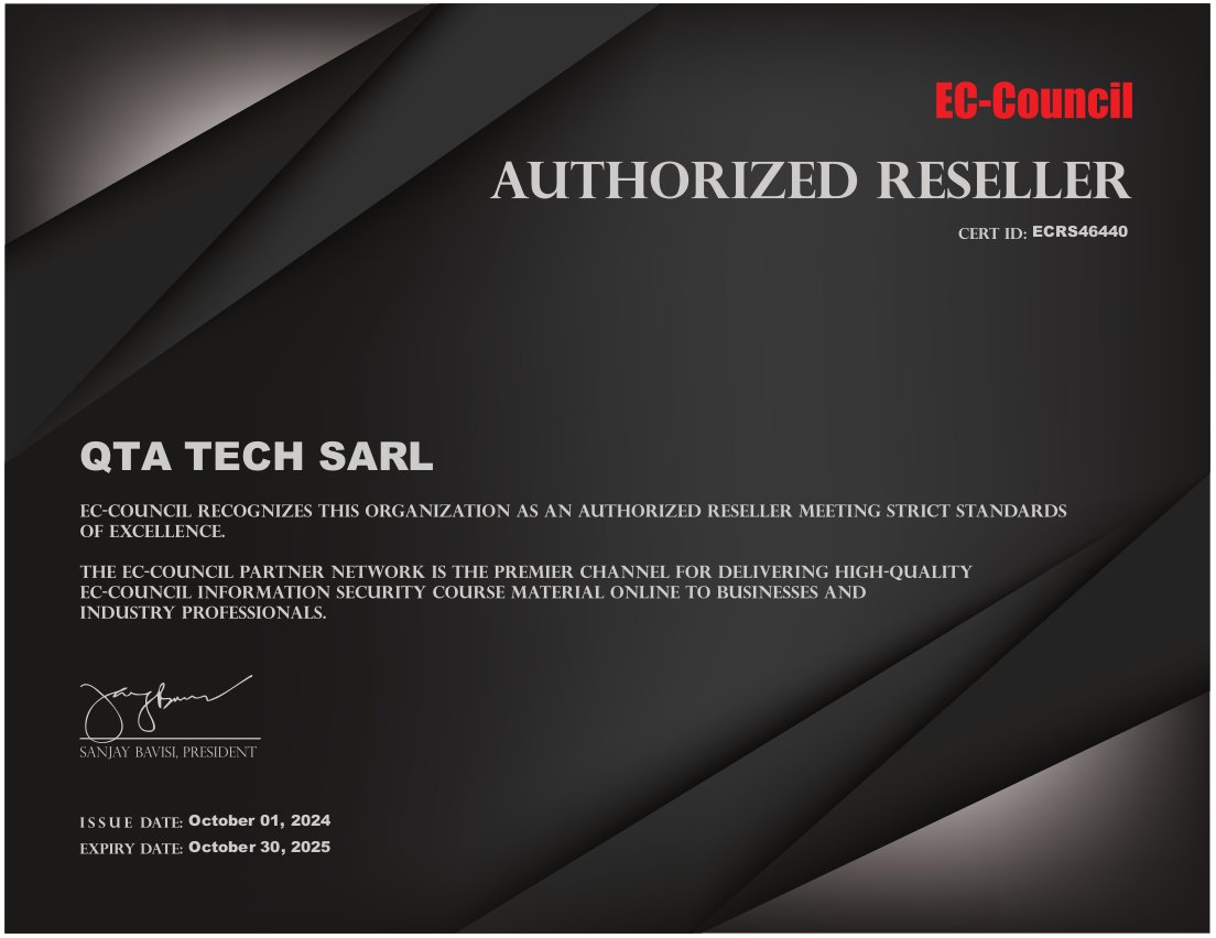qtatech's tweet photo. 🚀 Big news! QTA TECH is now an authorized reseller of EC-Council, the global leader in cybersecurity! 🎉 Get your EC-Council certifications (CEH, CND &amp; more) through us. Read our press release &amp; sign up for our next training!👉https://t.co/iSl0Ztl1KJ  #Cybersecurity #Training https://t.co/MoSgilpSHk