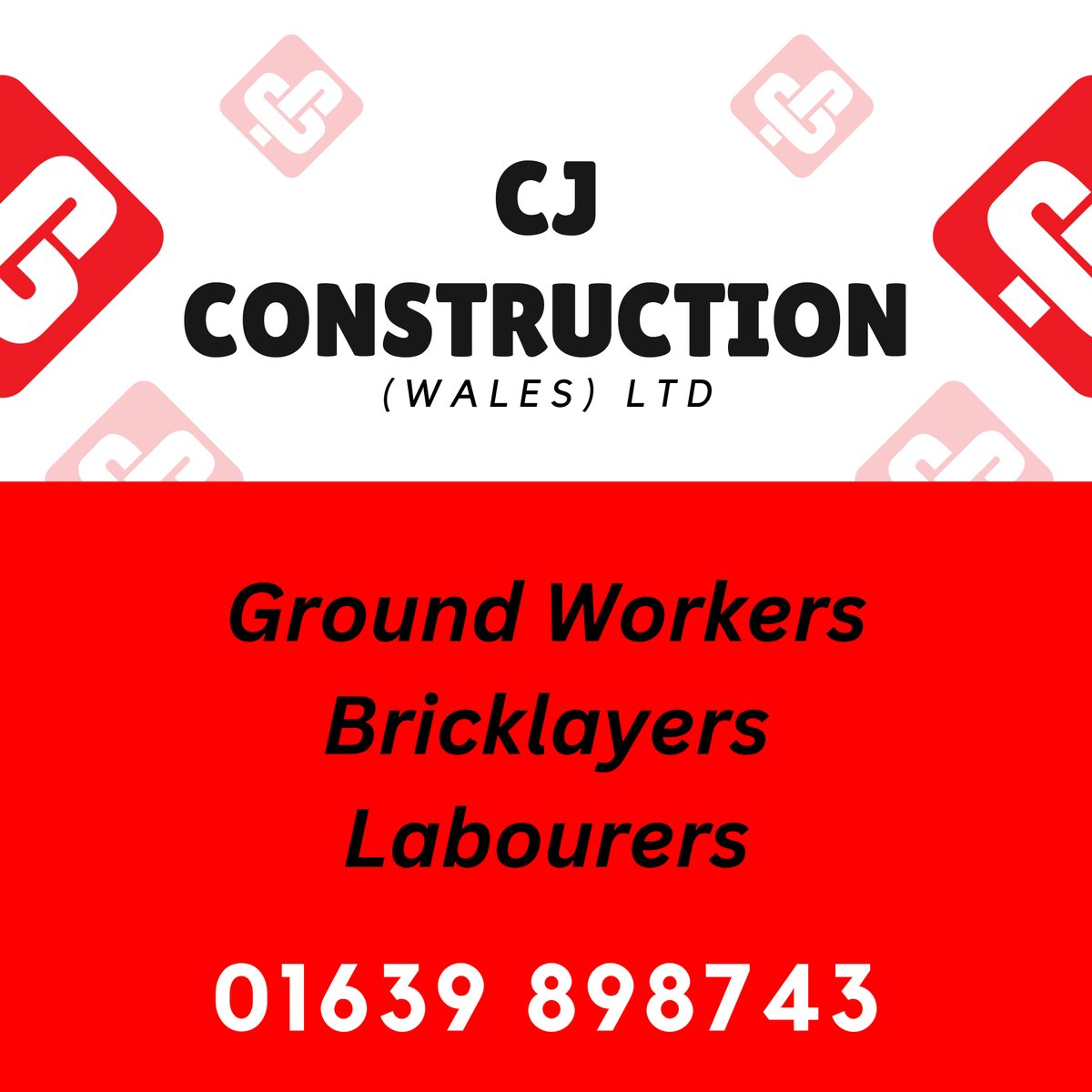 Our partners, CJ Construction are recruiting for ground workers, labourers and bricklayers.

Know any one who might be interested? Give them a call on 01639 898743 to find out more.