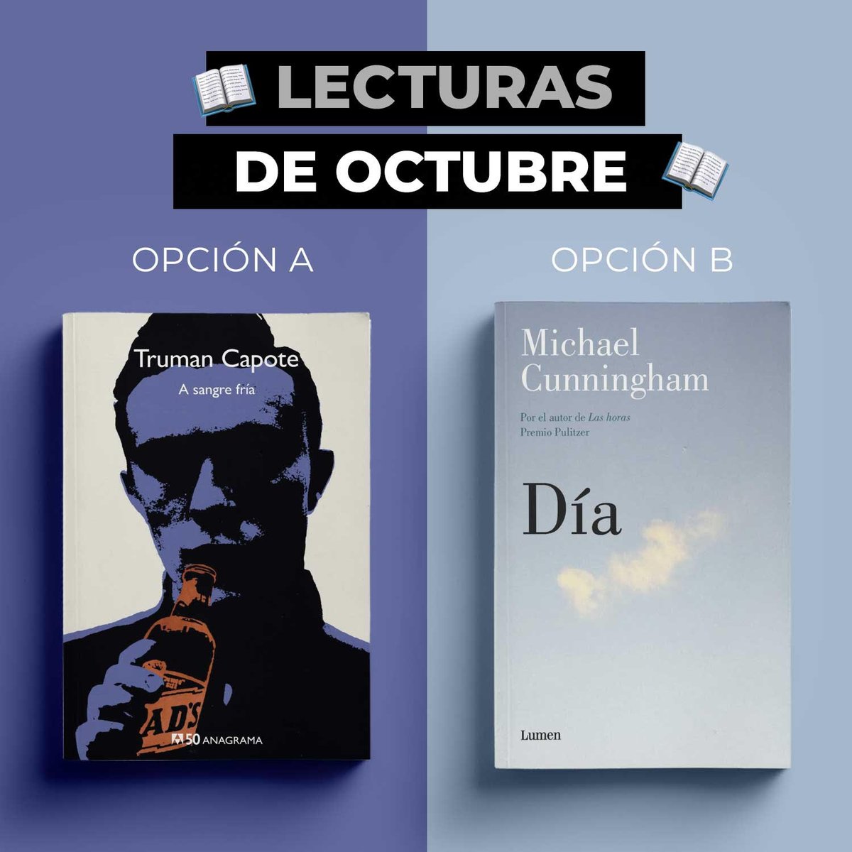 BookakeClub's tweet photo. 🎃LECTURAS DE OCTUBRE🎃
🅰️Os proponemos #ASangreFría, el clásico true crime de Truman Capote.
🅱️Y #Día, la última novela de Michael Cunningham, premio Pulitzer por #LasHoras.
¡5% de descuento para ambos libros en @tiposinfames y en la tienda online con el código BOOKAKECLUB! https://t.co/I7mHuo2PkE