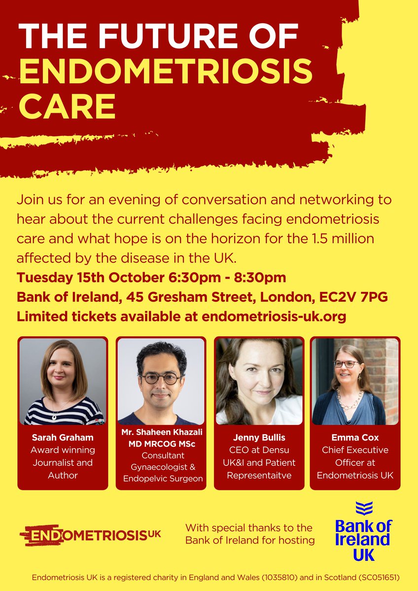 EndometriosisUK's tweet photo. We are thrilled to have the opportunity to hold this event hosted by Endometriosis Friendly Employers the Bank of Ireland
Join us in London on Tues 15th October for an evening of networking and conversation on the history and future of endometriosis care: https://t.co/37DyOKNFNq https://t.co/3IXrDysGja