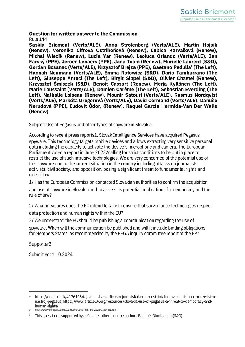 saskiabricmont's tweet photo. Together with 35 colleagues from 4 political groups, we ask the @EU_Commission about the use of #Pegasus spyware in Slovakia, pointing out at the erosion of rule of law and risks for fundamental rights. We want to EC to act and follow up on @EP_PegaInquiry recommendations! https://t.co/J0PwmXe2y0