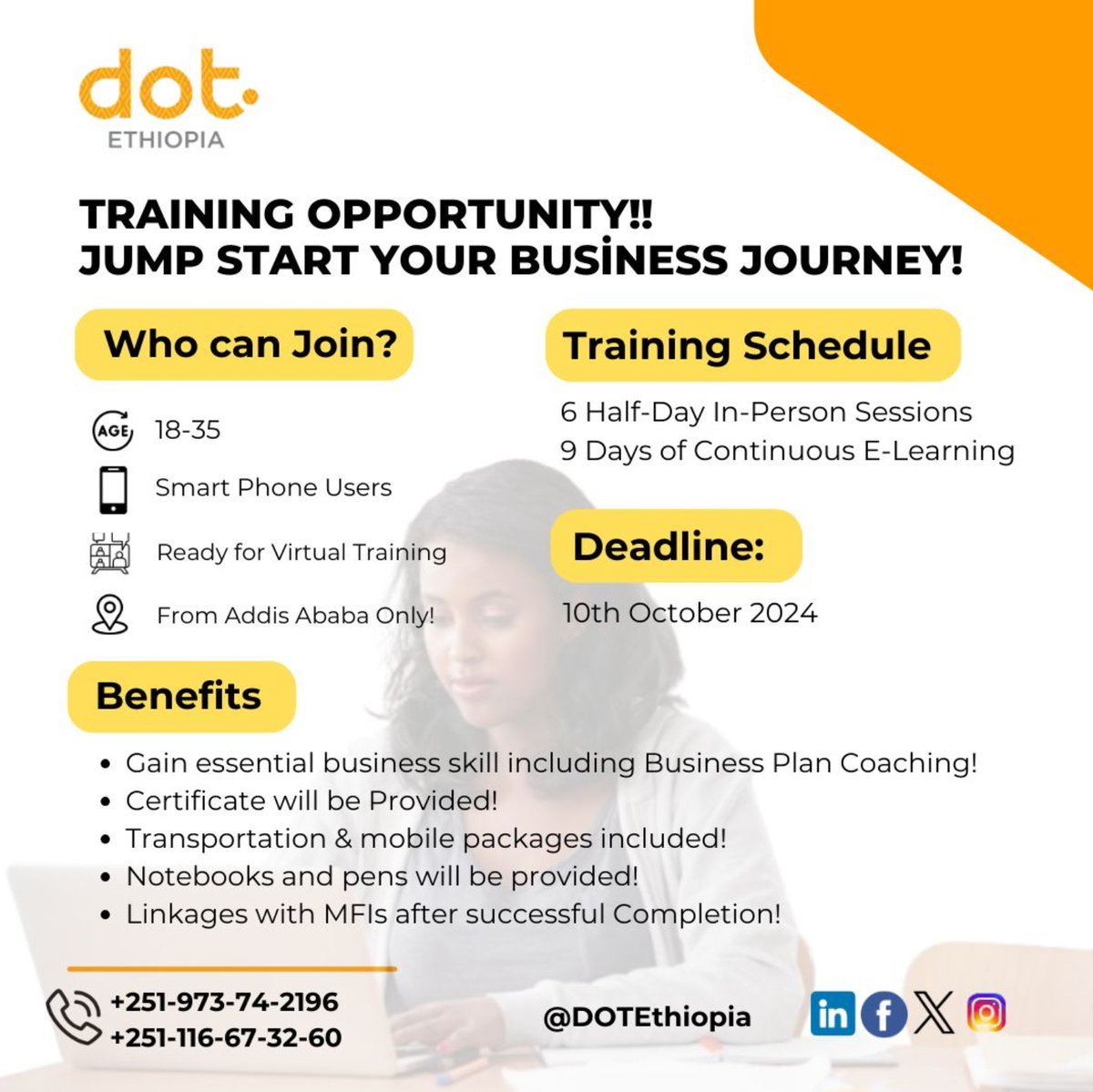 opportunitiesfy's tweet photo. 🚀 Ready to turn your passion into profit?
DOT Ethiopia is offering a Startup Training Package to help you launch your own business!
🗓️ Deadline: 10th October 2024
🔗 Apply now: https://t.co/lj5UcrbDzc
#Entrepreneurship #StartUpTraining #DOTEthiopia #BusinessSuccess https://t.co/W4fji4q8uo