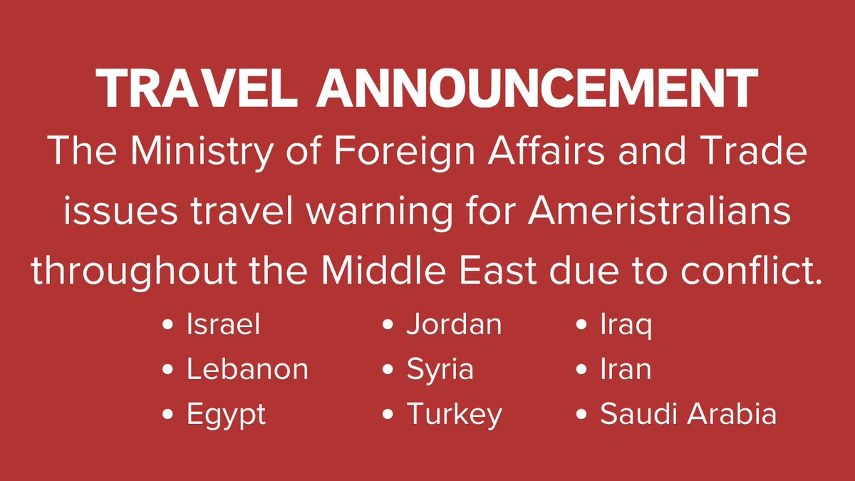 Due to #Israel conflict in the Middle East, the MFAT issues a Travel Warning for Ameristralians.