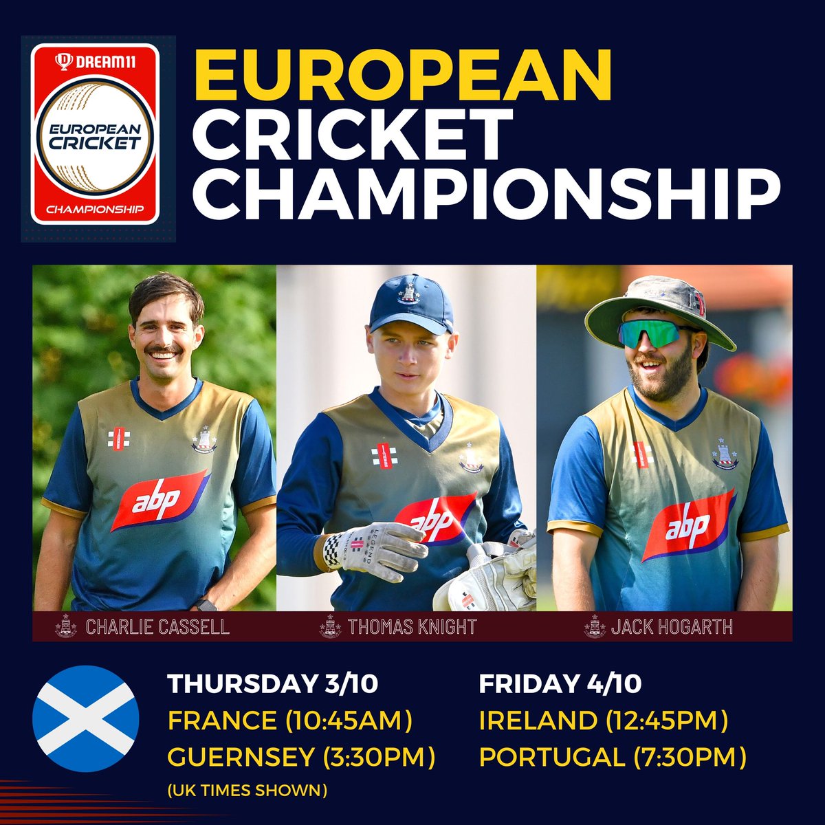 Forfarshire CC (@the_forfs) on Twitter photo 🏴 Good luck to Charlie Cassell, Thomas Knight and Jack Hogarth playing for Scotland A in the <a href="/EuropeanCricket/">European Cricket</a> Championships in Spain!
Scotland A get the new ECC Premier Division underway tomorrow, taking on France at 10.45am (UK time) in the first of 4 group matches. 🏴 Good luck to Charlie Cassell, Thomas Knight and Jack Hogarth playing for Scotland A in the <a href="/EuropeanCricket/">European Cricket</a> Championships in Spain!
Scotland A get the new ECC Premier Division underway tomorrow, taking on France at 10.45am (UK time) in the first of 4 group matches.