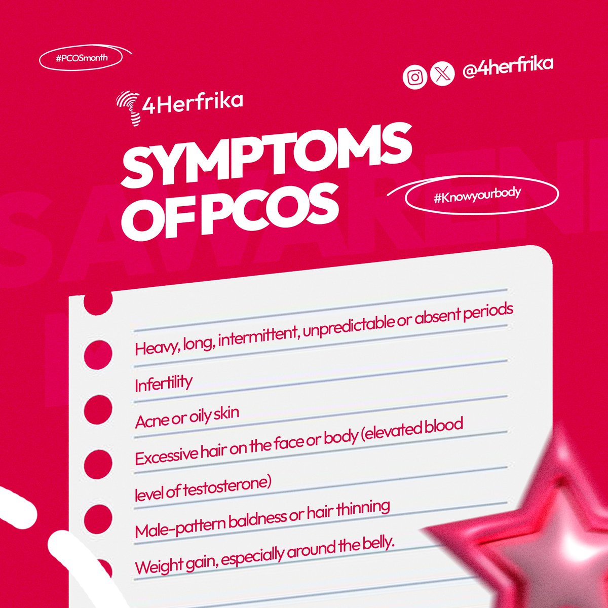 4HERFRIKA's tweet image. The past month has been enlightening as we explored many facets of PCOS!

Missed out ? We&apos;ve compiled all the valuable insights from the campaign.

A big thank you to everyone who engaged, and supported. Let’s keep raising awareness.

#PCOSAwareness #WomenHealth #PCOSWarrior