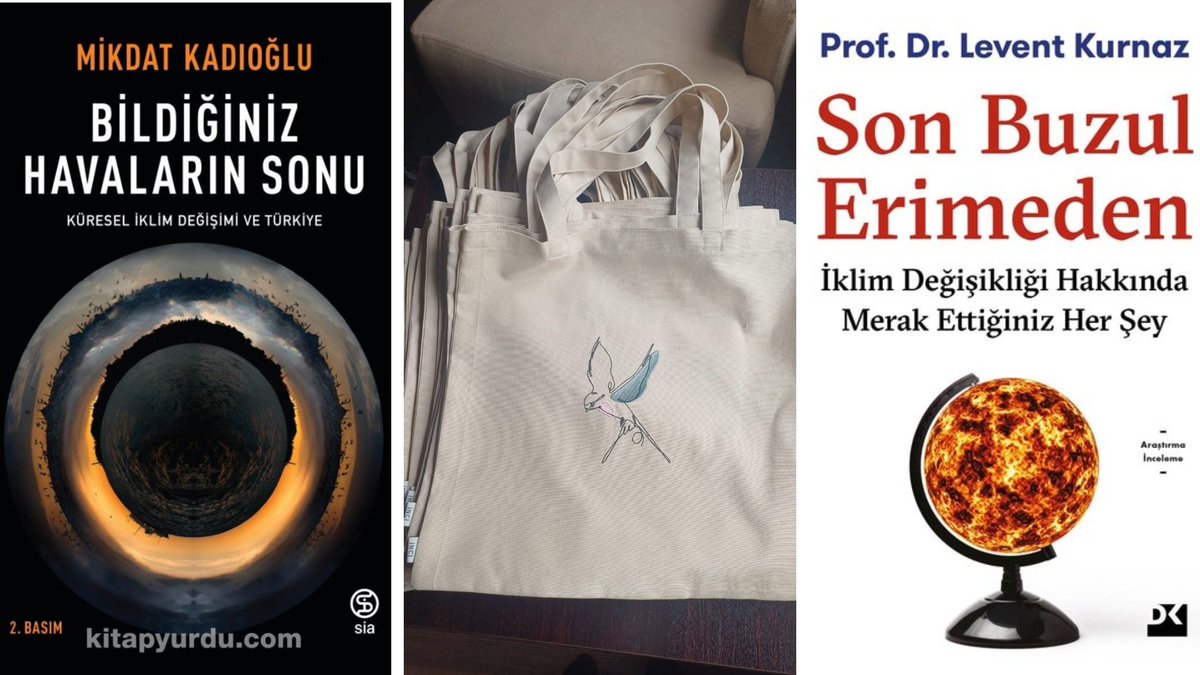 ⚠️İklim değişikliği çalışmamızın anketini doldurarak bize katkı sağlar mısınız?
Anket: tinyurl.com/23kpb8kd 
Dolduranlar arasından çekilişle görseldeki kitapları ve @hecate1378'nin nakış olarak tasarladığı kuş figürlü bez çantayı da hediye ediyoruz!