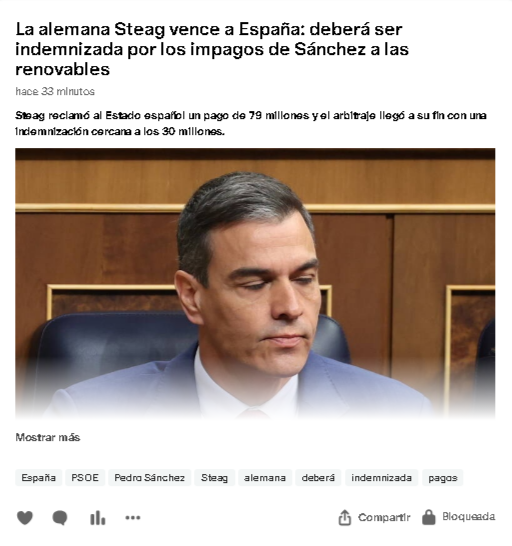 mv_agencia's tweet image. La alemana #Steag vence a #España: deberá ser indemnizada por los #impagos de #Sánchez a las renovables

patreon.com/posts/la-alema…