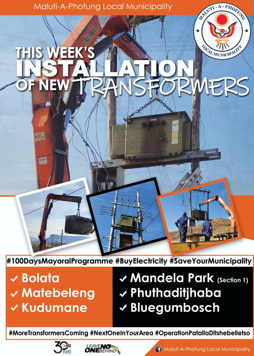 MalutiLocal's tweet image. #100DaysMayoralProgramme

Installation of new transformers in Bolata, Matebeleng, Kudumane, Mandela Park, Phuthaditjhaba and Bluegumbosch.

#MoreTransformersComing

whatsapp.com/channel/0029Va…

Issued by: MAP Media and Communications