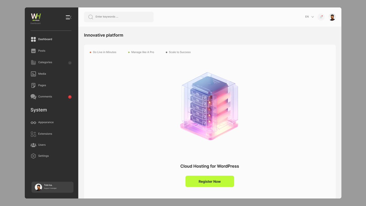 Tobi_vibez's tweet photo. This is the Third section of 'wehost' hosting company (Dashboard)     

Here,     

we need a dashboard to monitor the activities that are ongoing on your profile   

#septemberchallenge 
#day17/30 https://t.co/XOlBSd81IP