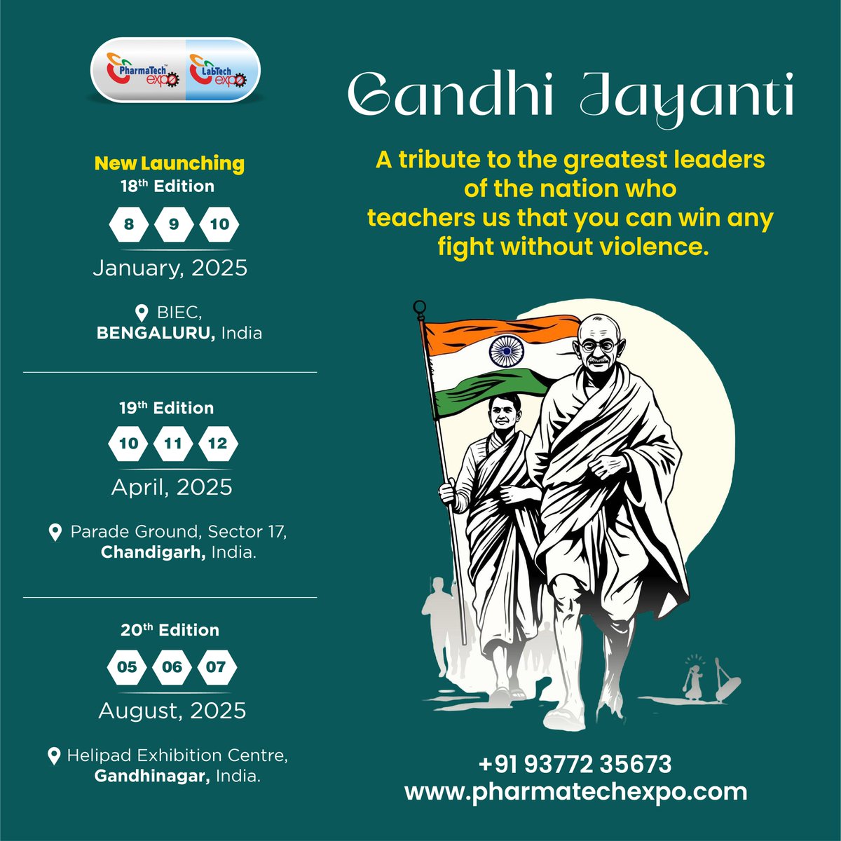 pharmatechexpo's tweet photo. Honouring the legacy of leaders who taught us that true strength lies in peace.

𝐆𝐚𝐧𝐝𝐡𝐢 𝐉𝐚𝐲𝐚𝐧𝐭𝐢❗

#GandhiJayanti #MahatmaGandhi #FreedomFighter #2ndoctober #pharmatechexpo #LabTechMachinery #pharmatechexpo2025 #pharmaceuticalindustry #bengalurupharmatech https://t.co/SDHJI2Jk1O