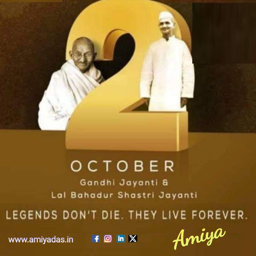 amiyabbr's tweet photo. On this special day honor great leaders of our nation Mahatma Gandhi &amp; Lal Bahadur Shastri. As they taught us, on the stage of life, perform your role so well that even after the curtain falls, the echo of applause continues to resonate all around. #GandhiJayanti #ShastriJayanti https://t.co/0M8wB9QPag