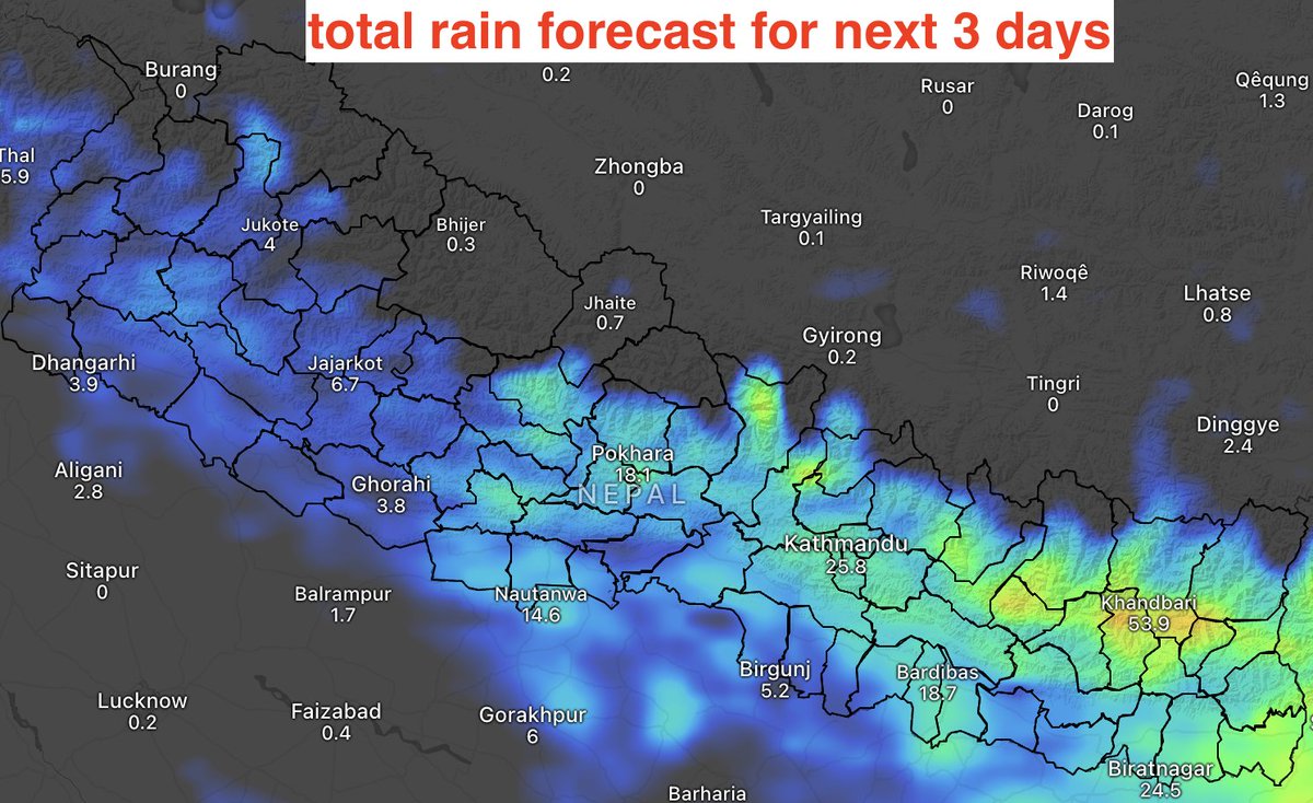 हालको मौसमी प्रणाली देखि धेरैमा भय उत्पन्न भएको देखिन्छ, तर यो गत हप्ताको जस्तो भिषण बर्षा नभई सामान्य वर्षा नै हुनेछ तेसैले यात्रा गर्दा होसियार हुनु पर्यो तर तेस्तो कुनै डरलाग्दो अवस्था छैन। 
आज अपरान्ह देखि हल्का देखि मध्यम बर्षा हुने र भोलि सम्म रहने देखिन्छ। 
शुभदशैँ 🪁