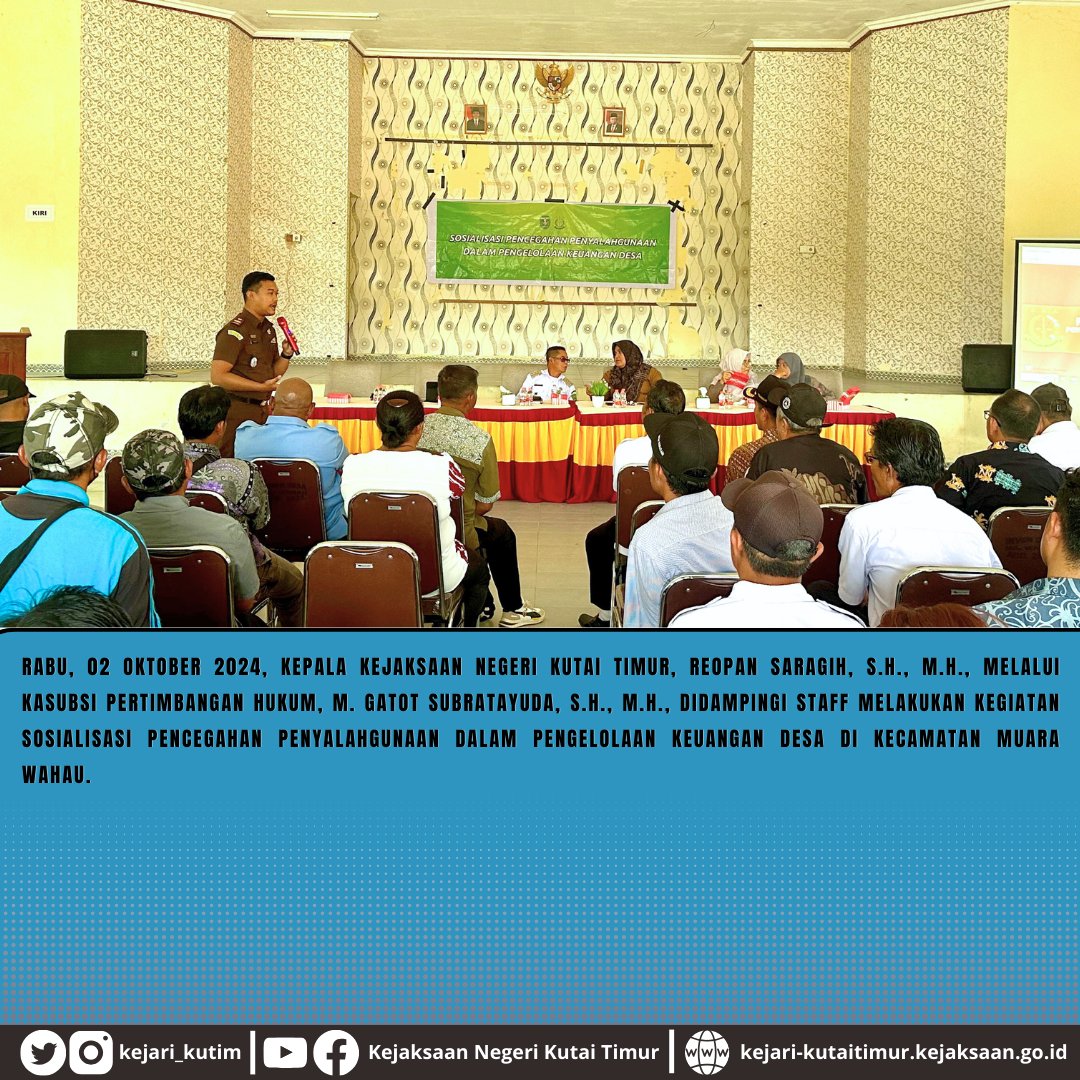 Kejari_kutim's tweet photo. Rabu, 02 Oktober 2024, Kasubsi Pertimbangan Hukum, M. Gatot Subratayuda, S.H., M.H., didampingi Staff melakukan kegiatan sosialisasi pencegahan penyalahgunaan dalam pengelolaan keuangan desa di Kecamatan Muara Wahau. https://t.co/74kXhkJIeZ