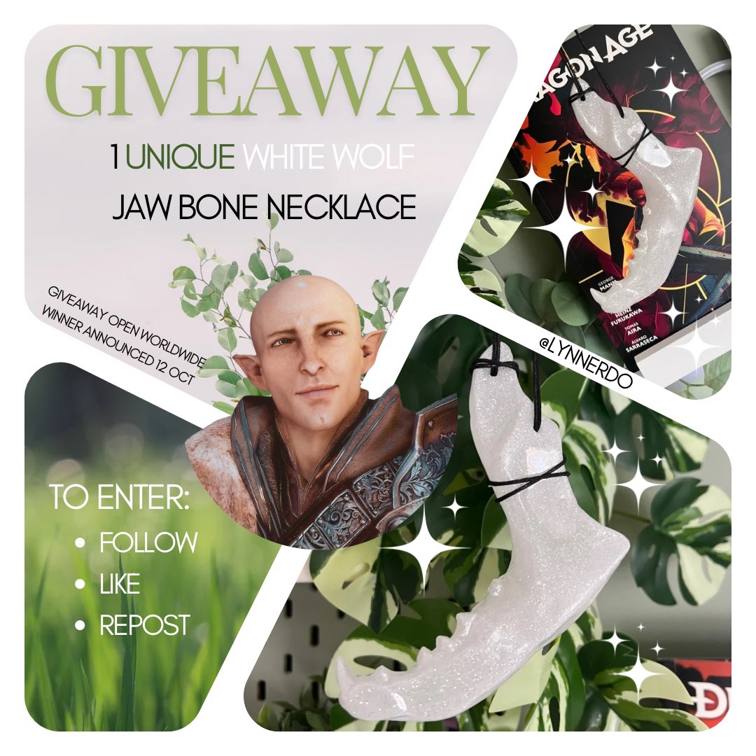 🌿Giveaway🌿

🐺Limited edition wolf jaw necklace 🐺

Like 👍🏽 
Follow 👤
Repost ♻️ 

🌎 Open worldwide!
Announcement 12 October 💚

#giveaway #dragonage #solas #dreadwolf