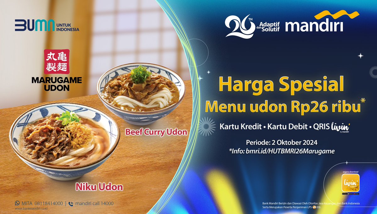 Panggilan buat pemburu promo!
Nikmati harga spesial untuk Niku Udon/Beef Curry Udon cuma Rp26 ribu aja. Promo berlaku hari ini jam 14.00-18.00. Jangan lewatkan ya!

Informasi lebih lanjut, kunjungi bmri.id/HUTMandiri26

#TebalkanKebersamaan #MarugameUdon #JapaneseFood #Udon