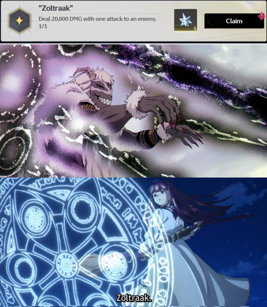 WuWa_Rover's tweet photo. En #WutheringWaves hay un logro que hace referencia al hechizo "Zoltraak" del anime Sōsō no Frieren.

El hechizo lo vemos por primera vez en el anime cuando Frieren se enfrenta a "Qual", posteriormente, se le ve a Fern realizar el hechizo en futuros combates.

#Frieren https://t.co/r5YAxA9vRJ