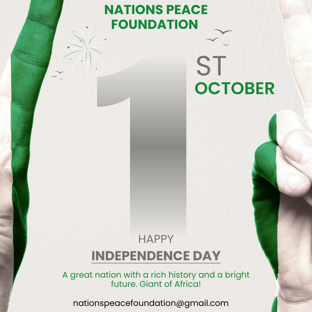 NationsPea21844's tweet photo. Happy Independence Day Nigeria from Nations Peace Foundation. Today, we celebrate you in good faith, love and happiness. 

🇳🇬❤️🇳🇬❤️🇳🇬

#nationspeacefoundation #nigeria #nigerianindependence #independenceday #nations #ngo #community #charity #donation #support #nigeriangovernment https://t.co/VyIYaq3EGI