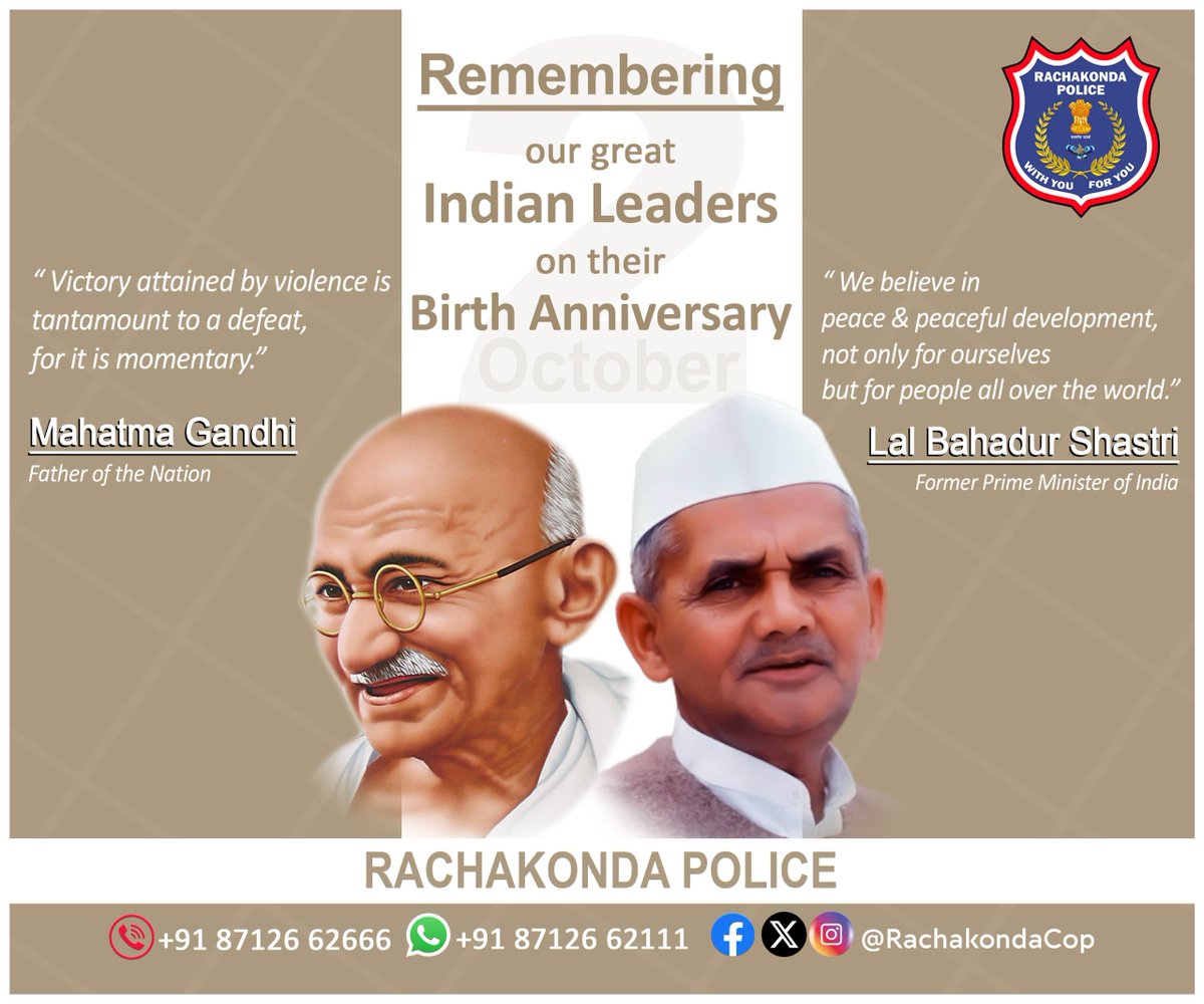 AthmakurPS's tweet photo. 🇮🇳 Remembering the Icons of our Nation 🇮🇳
Mahatma Gandhi, a beacon of peace and nonviolence and
Lal Bahadur Shastri, a leader who inspired a nation with his vision and integrity.
#MahatmaGandhiJayanti #LalBahadurShastriJayanti #TributeToLeaders @RachakondaCop https://t.co/641opeEtXm