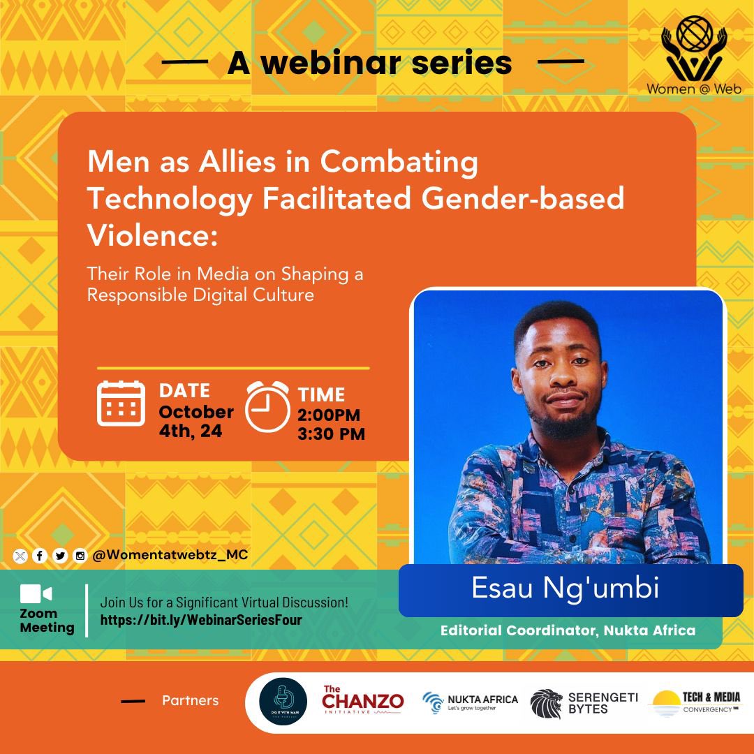 Women At Web Tanzania (@womenatwebtz_mc) on Twitter photo ‼️Don't miss the 4th & last Series
It is a pleasure to have <a href="/NuktaAfrica/">Nukta Africa</a> part of the conversation on "Men as Allies in Combating #TFGBV: Their Role in Media on Shaping Responsible Digital Culture”
🗓️ October 4TH
⏱️ 2:00PM to 3:30PM
🔗 bit.ly/WebinarSeriesF…
#MitandaoSalama ‼️Don't miss the 4th & last Series
It is a pleasure to have <a href="/NuktaAfrica/">Nukta Africa</a> part of the conversation on "Men as Allies in Combating #TFGBV: Their Role in Media on Shaping Responsible Digital Culture”
🗓️ October 4TH
⏱️ 2:00PM to 3:30PM
🔗 bit.ly/WebinarSeriesF…
#MitandaoSalama