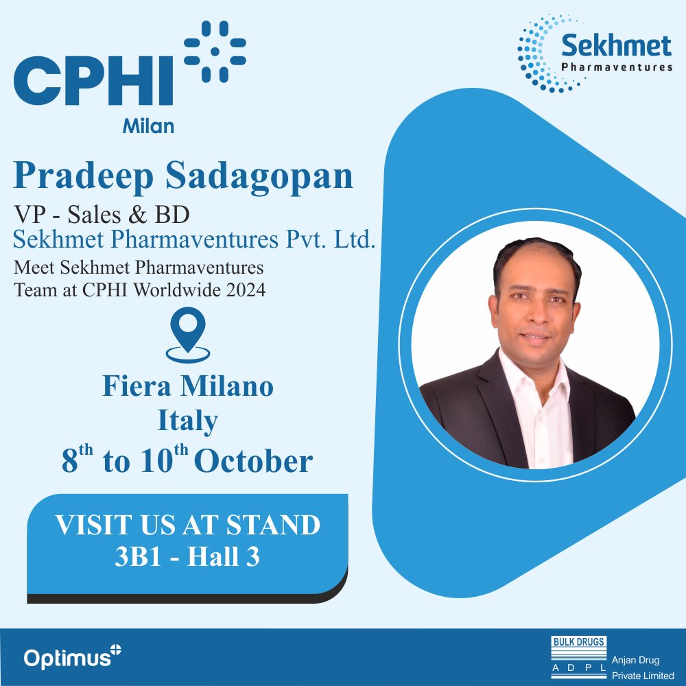 CommsSekhmet's tweet image. Meet Mr. S Pradeep Vice President - Sales &amp;amp; BD, Sekhmet Pharmaventures at #CPHIWW in Milan from October 8th to 10th. Visit us at Stand 3B1 - Hall 3.
#Sekhmet #CPHIWW #Milan #Pharma #PharmaEvents