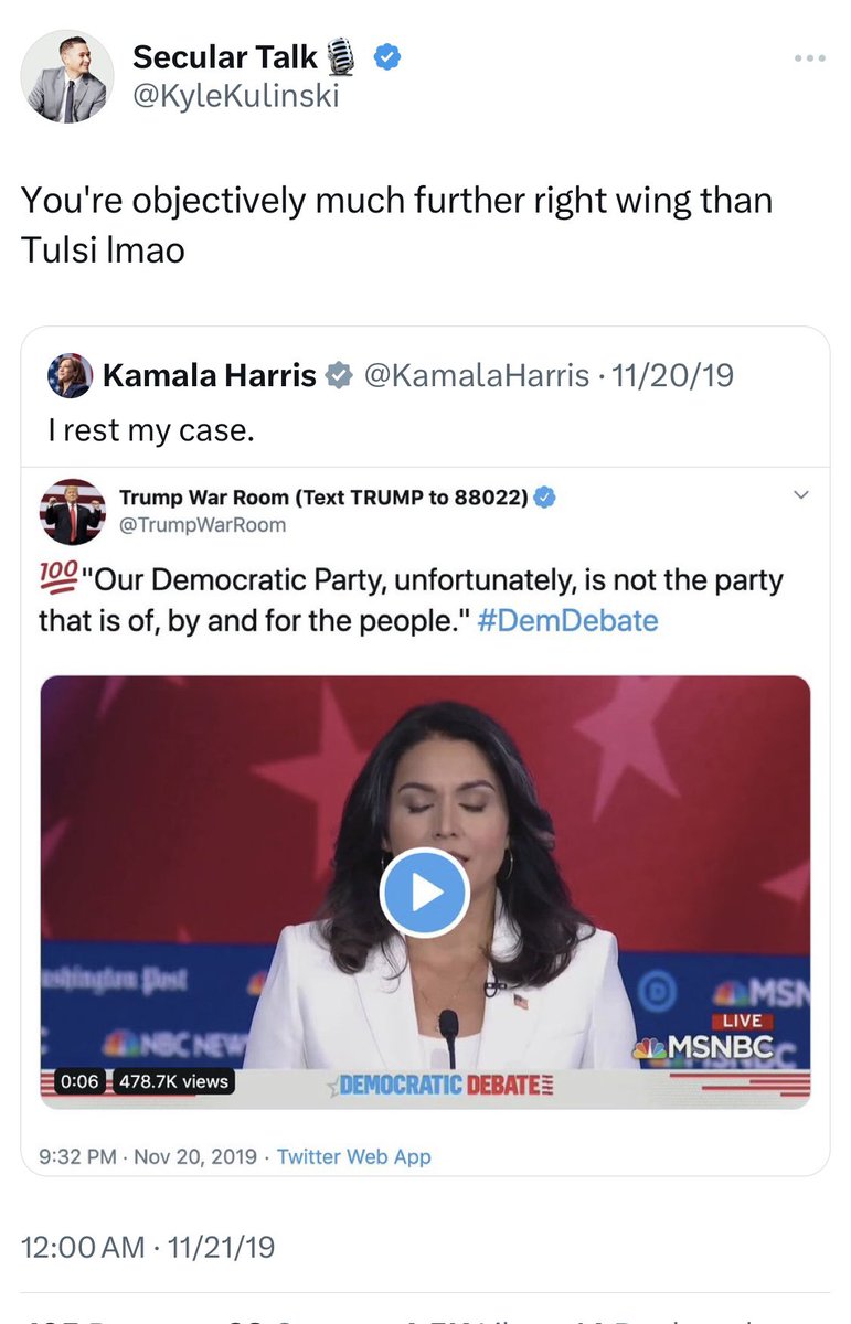 lionserpentsun's tweet photo. @KevinCastley @KyleKulinski @KyleKulinski used to acknowledge that Harris was “objectively much further right wing than Tulsi”, but now he acts like he is being paid to campaign for Harris - no matter what Harris supports. I guess “blue no matter who”? Disgusting to be honest. #VotingGreen https://t.co/IXlbn1r6wQ