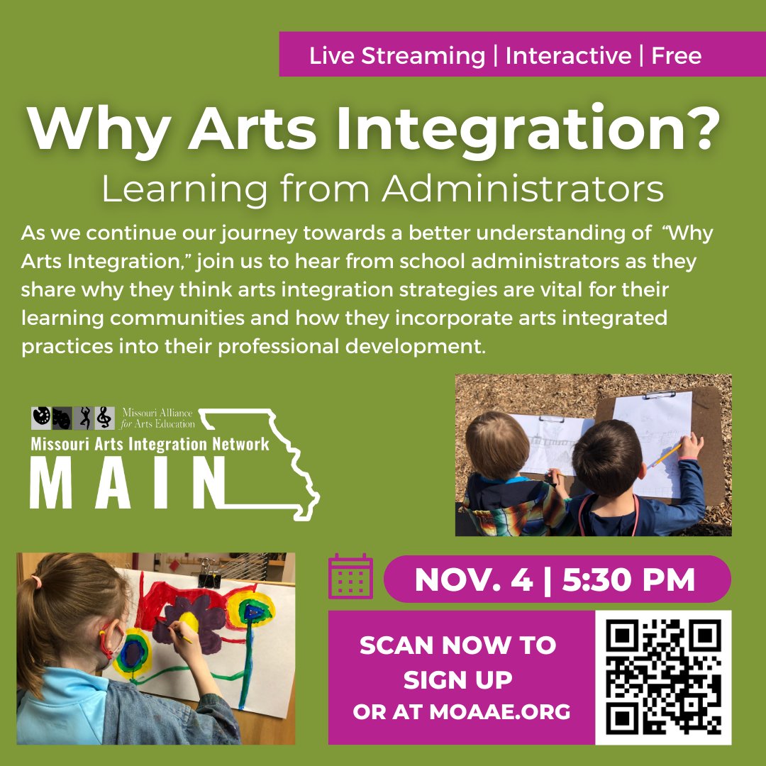 Join our discussion on Arts Integration with school administrator as they share why these strategies are vital for learning &amp; how to incorporate these practices. Sign up for this free &amp; interactive zoom session on Nov. 4 at 5:30pm at moaae.org or just scan the code!