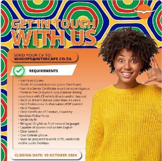 CarolBoitumelo1's tweet image. Intercape Namibia Is Hiring Professional Drivers!

if you're a Professional Driver, based in Windhoek, available for long distance intercity and charter trips.

SEND YOUR APPLICATION TO 
WHKOps@intercape.co.za 

Before the Closing Date: 10 October 2024

#intercape #coachdrivers