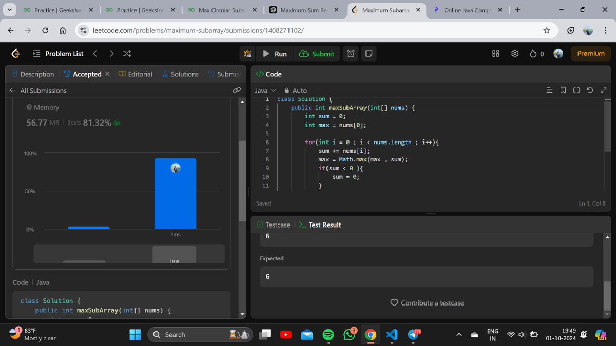 himanshuu_99's tweet image. Today I solved Kadane's Algorithm Question on LeetCode✅
Q.53 Find Maximum SubArray
#leetcode #javawithdsa #dsawithkunal #ProblemSolving