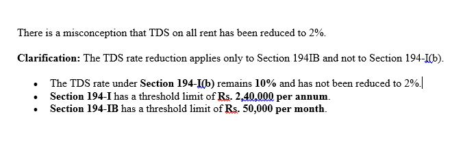 MZGroupBpl's tweet photo. There is a misconception that TDS on all rent has been reduced to 2%.
Clarification: The TDS rate reduction applies only to Section 194IB and not to Section 194-I(b). https://t.co/eTFDkmFqEF