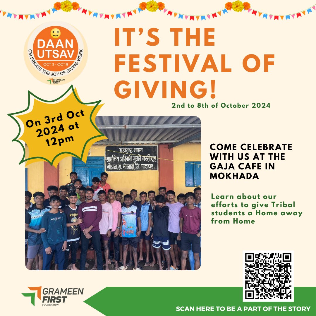 FirstGrameen's tweet photo. Experience the joy of giving this Daan Utsav by making a real difference!🙌❤ 

Join us at Gaja Cafe Mokhada on the 3rd of Oct at, 12pm for the inauguration!  

Contribute at https://t.co/VuR1ViBJKi, and give these boys a chance at a brighter future!👐

#EmpowerYouth #DaanUtsav https://t.co/XAuFGsXE1V