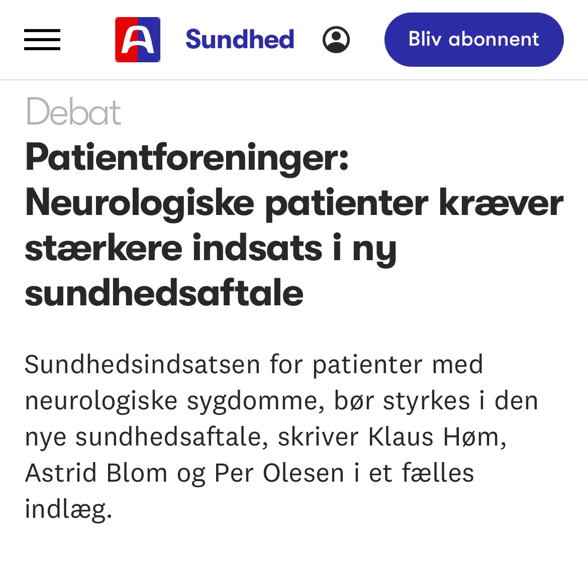Scleroseforeningen (@sclerose_dk) on Twitter photo Fælles indlæg fra @Klaushoem <a href="/ABlom_parkinson/">Astrid Blom</a> @<a href="/PerOlesenEpi/">Per Olesen</a> i <a href="/Altingetdk/">Altinget</a> For det enkelte menneskes livskvalitet og for samfundet er der meget at hente ved at styrke indsatsen overfor patienter med komplicerede neurologiske sygdomme. #sundpol #dkpol
altinget.dk/sundhed/artike… Fælles indlæg fra @Klaushoem <a href="/ABlom_parkinson/">Astrid Blom</a> @<a href="/PerOlesenEpi/">Per Olesen</a> i <a href="/Altingetdk/">Altinget</a> For det enkelte menneskes livskvalitet og for samfundet er der meget at hente ved at styrke indsatsen overfor patienter med komplicerede neurologiske sygdomme. #sundpol #dkpol
altinget.dk/sundhed/artike…