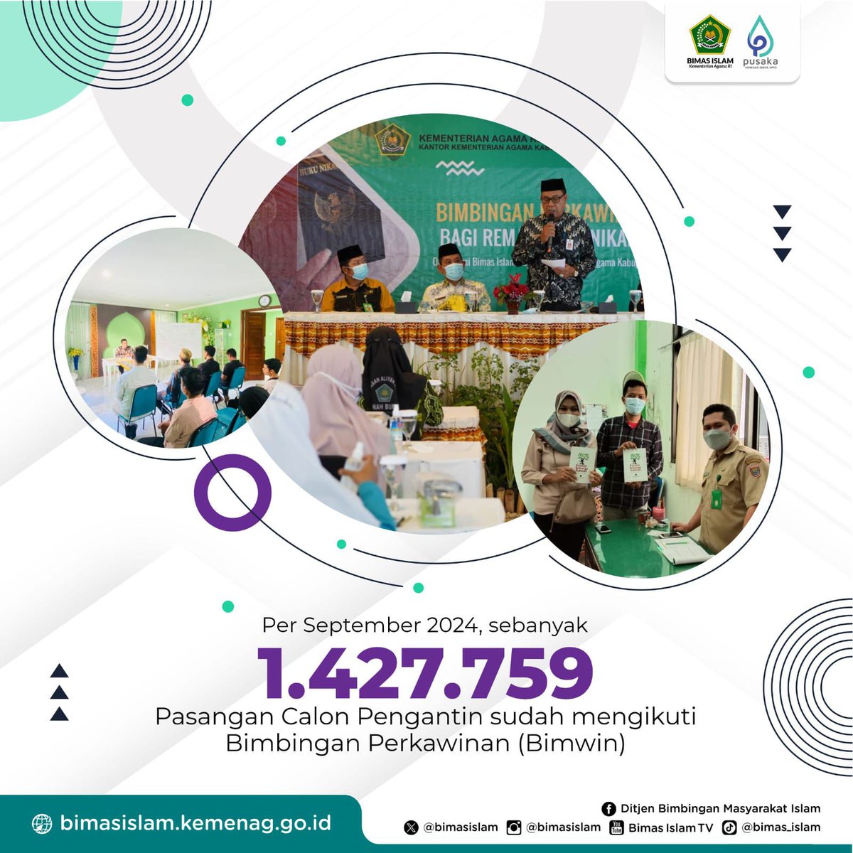 Kualitas calon pengantin juga jadi perhatian. Itu mengapa kemudian Kemenag menggelar Bimbingan Perkawinan (Bimwin). Hingga September 2024, sebanyak 1.427.759 pasangan telah mengikuti Bimwin. #INDBerdayaBersamaJokowi, KUA Wakaf Kemenag Unggul