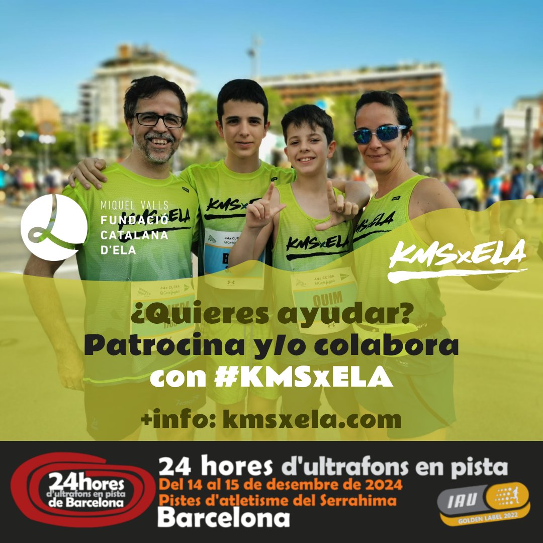 PATROCINADORES
Hemos conseguido ya 11 empresas que han decidido convertir los #KMSxELA que haremos en las <a href="/24h_bcn/">24 hores barcelona</a> en €€€ para ayudar a los afectados de #ELA, sus familias y <a href="/fmiquelvalls/">Fundació Catalana d'ELA Miquel Valls</a> 

Si te quieres unir, contacta con nosotros.

Nos queda camino para conseguir 🎯 6.500€