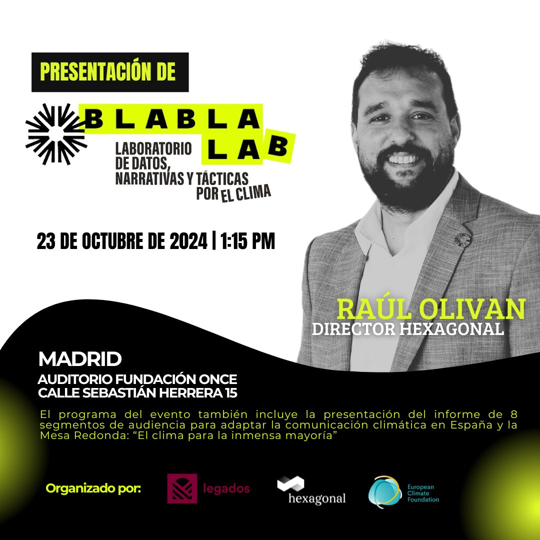 BlaBlaLAB.eu (@blablalab_clima) on Twitter photo 4️⃣ <a href="/raulolivan/">Raúl Oliván</a> (<a href="/Hexagonal_LAB/">Hexagonal: LAB / Foundation / Consulting</a>) presentará oficialmente Bla Bla LAB, este proyecto que ya es una realidad, gracias a personas como tú, que nos acompañan.
Si aún no te has registrado, todavía estás a tiempo
👉acortar.link/mfcAMz
🧵/4 4️⃣ <a href="/raulolivan/">Raúl Oliván</a> (<a href="/Hexagonal_LAB/">Hexagonal: LAB / Foundation / Consulting</a>) presentará oficialmente Bla Bla LAB, este proyecto que ya es una realidad, gracias a personas como tú, que nos acompañan.
Si aún no te has registrado, todavía estás a tiempo
👉acortar.link/mfcAMz
🧵/4